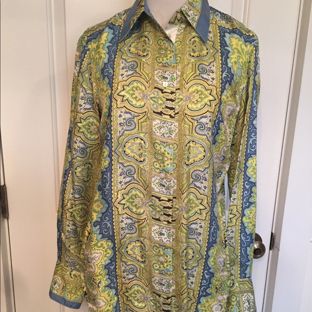 ROBERT GRAHAM TOP BLOUSE BUTTON DOWN BLUE GREEN Size S